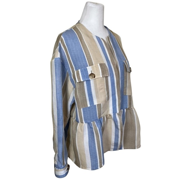 Zara Linen Blend Striped Open Front Blazer Jacket Peplum Hem Boho Spring Sz S - Picture 6 of 16
